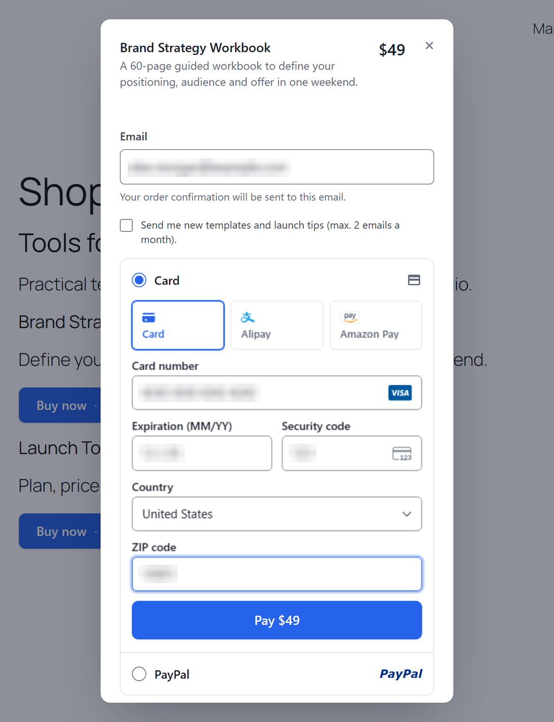 OfferPact checkout popup with product name, price, email field, Stripe card form, PayPal option and a Pay $49 button