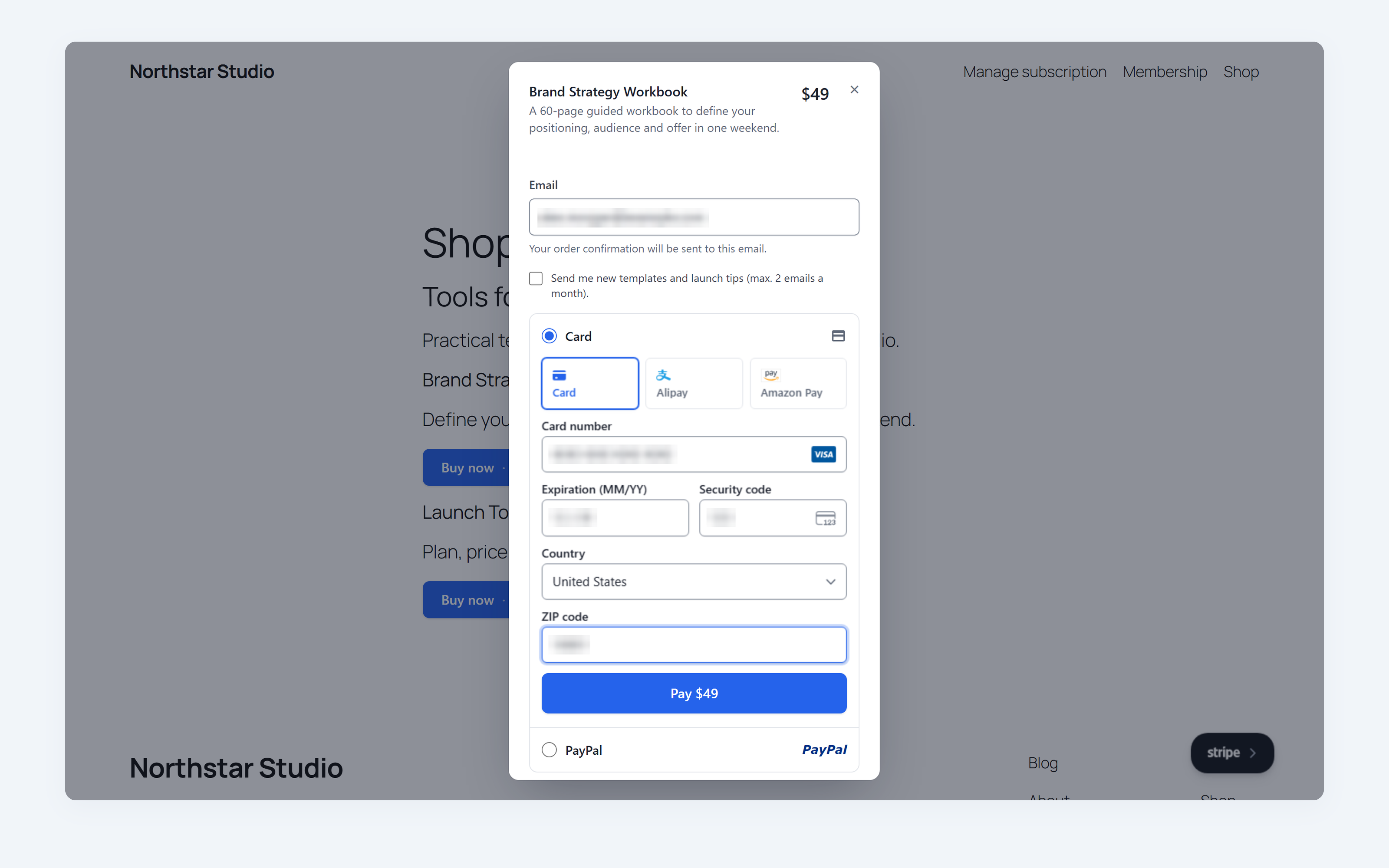 Store page with the OfferPact checkout popup open, showing email, Stripe card fields, PayPal and a Pay $49 button