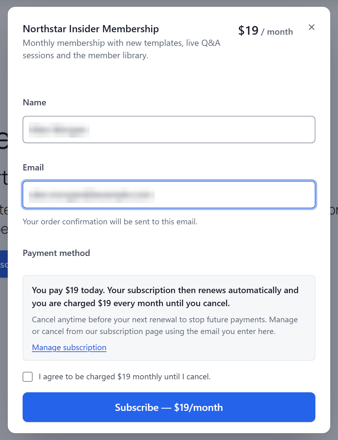 Subscription checkout for a $19 per month membership with automatic renewal terms, an agreement checkbox and a Subscribe button