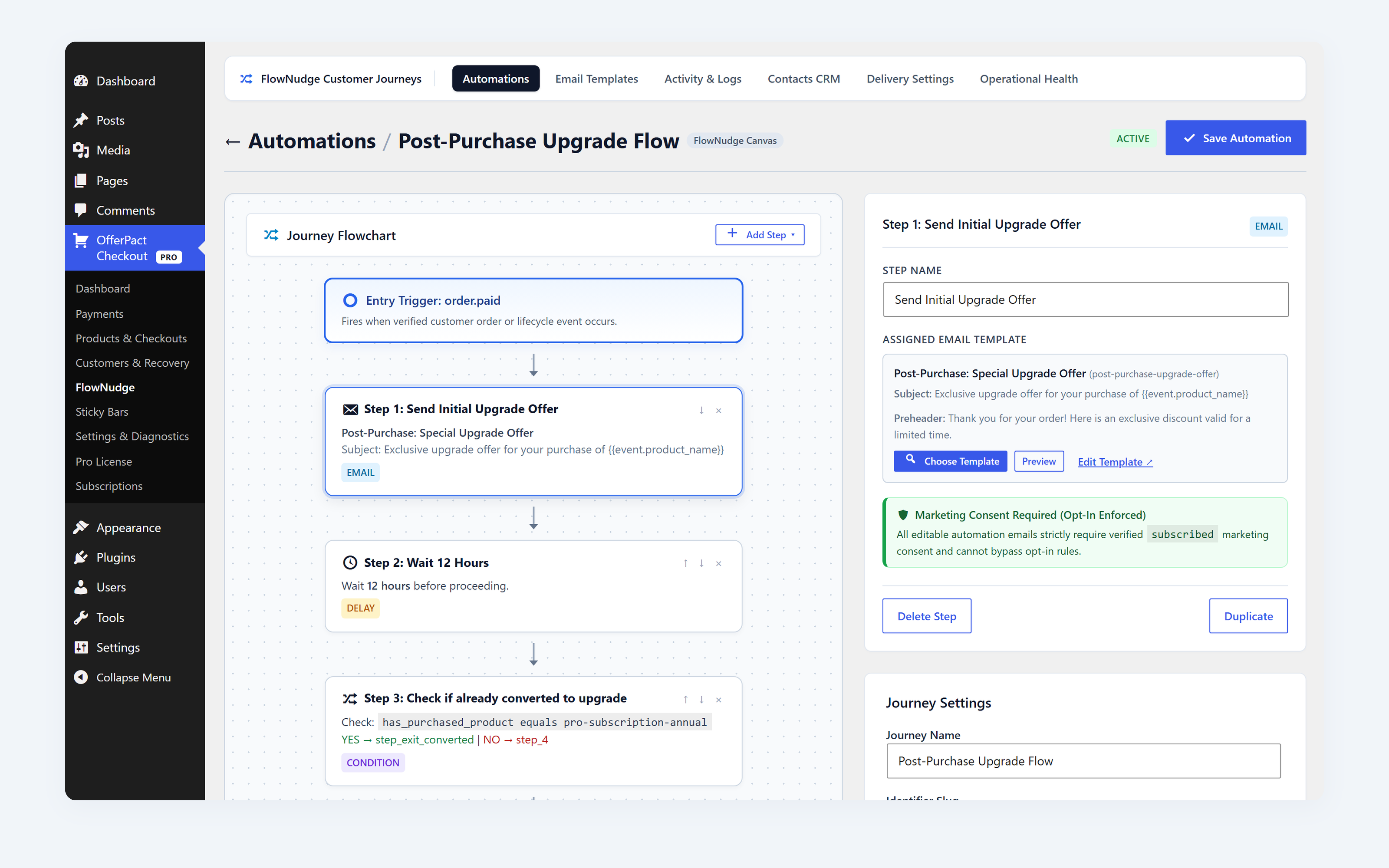 FlowNudge journey editor: paid-order trigger, upgrade offer email, 12-hour wait and an already-upgraded check