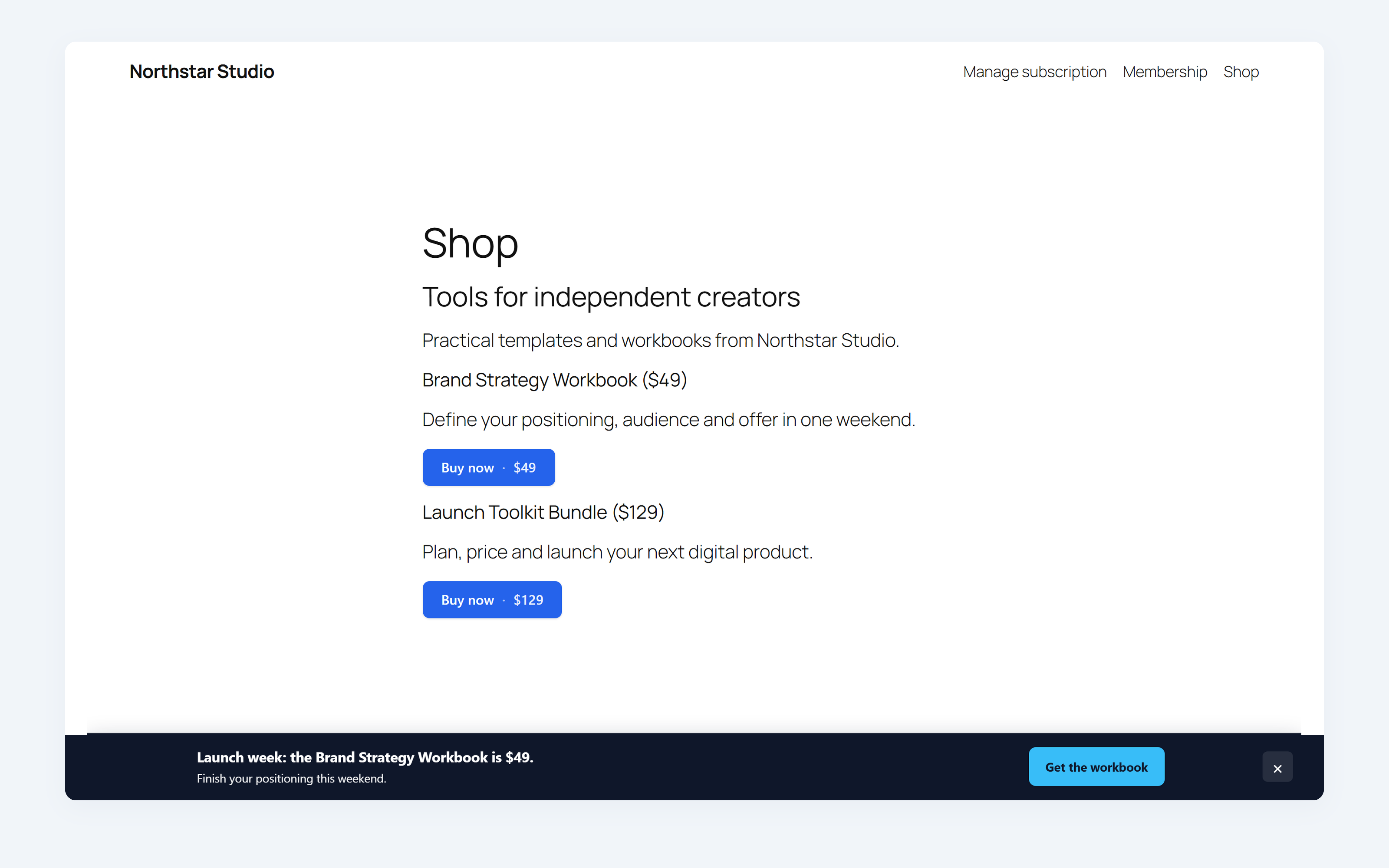 Store page with a sticky offer bar at the bottom and a Get the workbook button that opens checkout