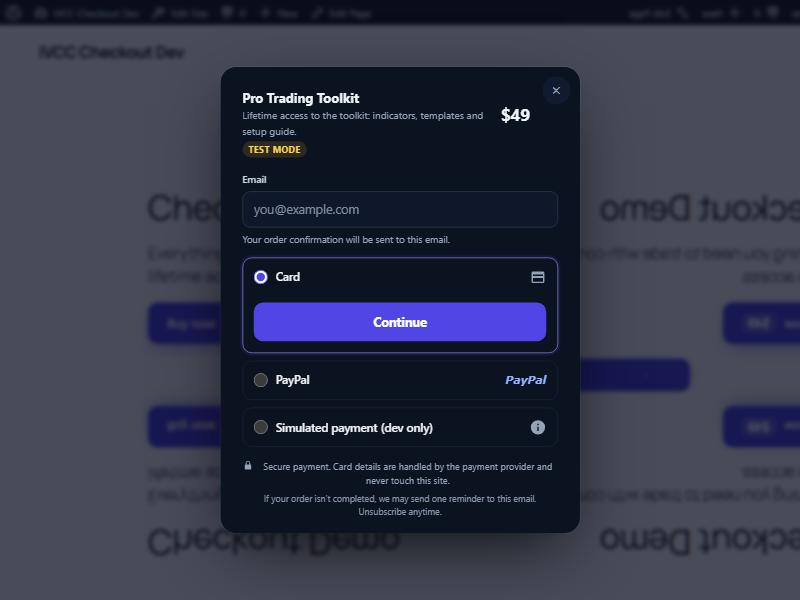 Genuine development screenshot of the dark checkout dialog