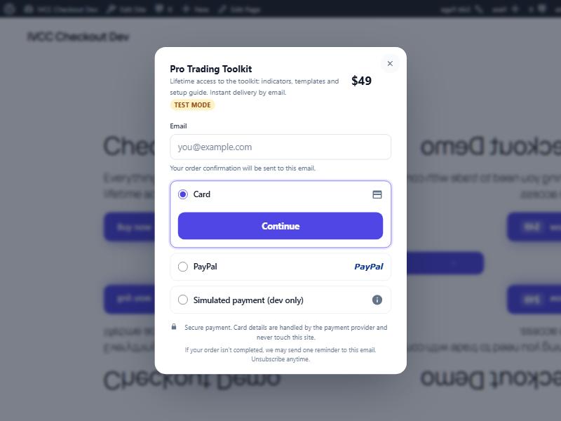 Genuine development screenshot of the light checkout dialog with email capture and payment method selection